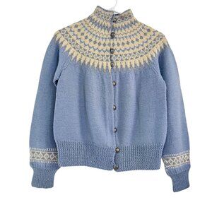 Vintage Norwegian Hand Knit Wool Cardigan Blue Fair Isle William Schmidt Oslo S